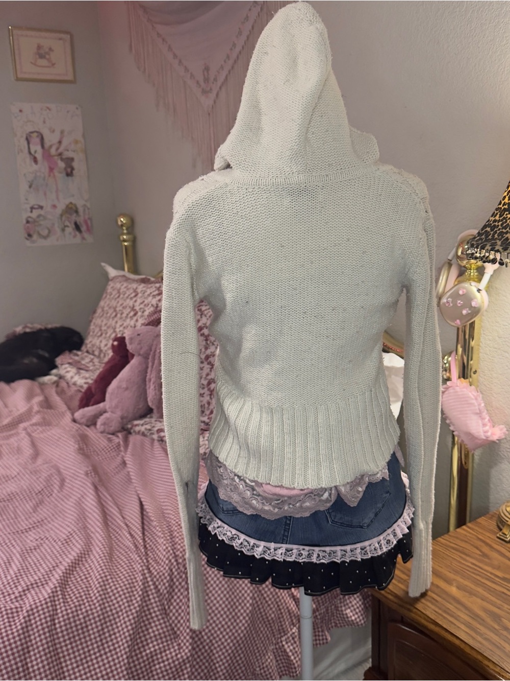 Y2K Cream Hooded Knit Sweater with Button Front - Picture 7 of 7